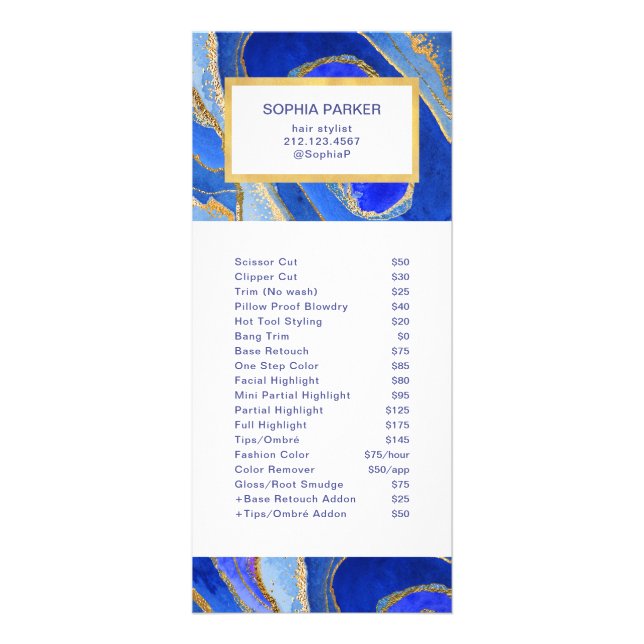 Blue and Gold Geode | Salon Price List Service Rack Card (Front)