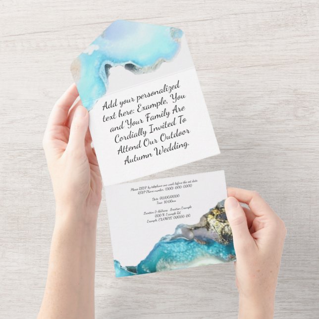 Blue and Gold Geode Wedding invitations with RSVP  (Tearaway)