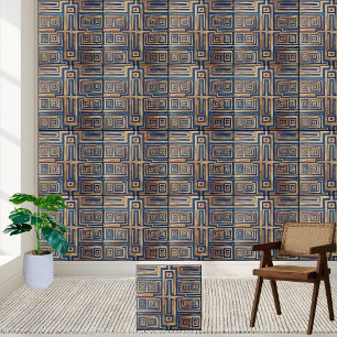 Blue and Gold Geometric Ancient Greek Key Tile