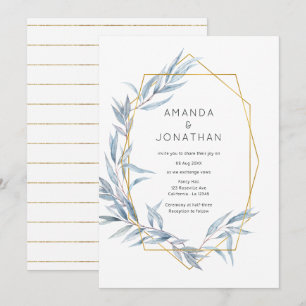 Blue and Gold Geometric Eucalyptus Leaves Wedding Invitation