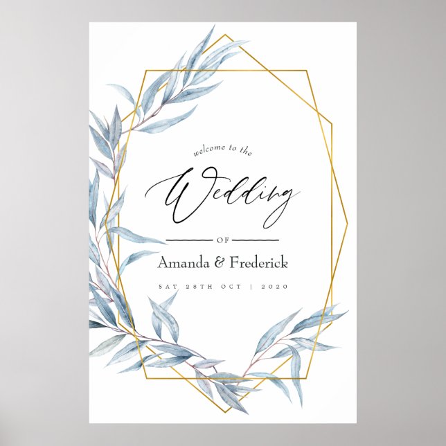 Blue and Gold Geometric Eucalyptus Wedding Welcome Poster (Front)