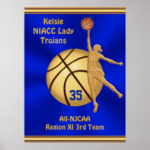 Blue and Gold Girls Basketball Poster,  YOUR TEXT Poster