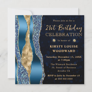 Blue and Gold Glam Tears Bokeh 21st Birthday Invitation
