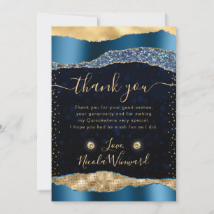 Blue and Gold Glam Tears Bokeh Quinceanera Thank You Card