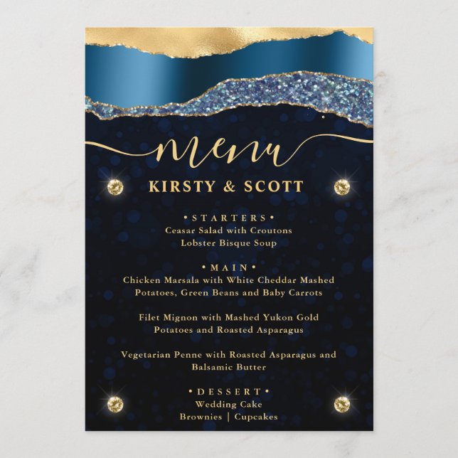 Blue and Gold Glam Tears Bokeh Wedding Menu (Front)