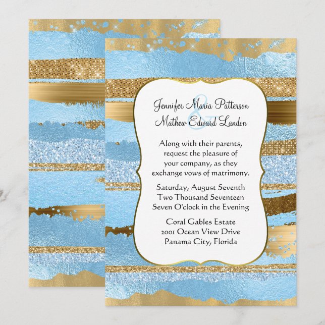 Blue and Gold Glam Wedding Invitation (Front/Back)