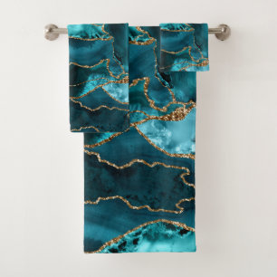 Blue and Gold Glitter Agate Bath Towel Set