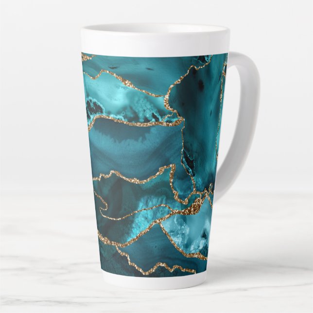 Blue and Gold Glitter Agate Latte Mug (Right Angle)