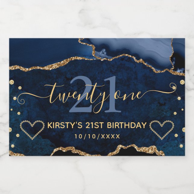 Blue and Gold Glitter Agate Marble 21st Birthday Sparkling Wine Label (Single Label)