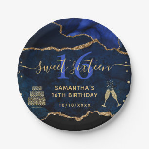 Blue and Gold Glitter Agate Marble Sweet 16 Paper Plate