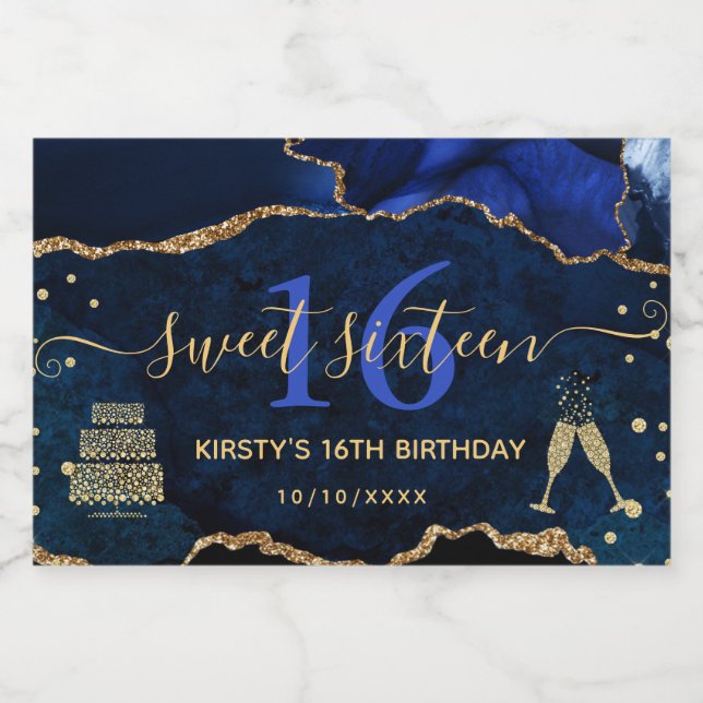 Blue and Gold Glitter Agate Marble Sweet 16 Sparkling Wine Label (Single Label)