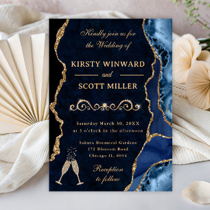 Blue and Gold Glitter Agate & Marble Wedding Invitation
