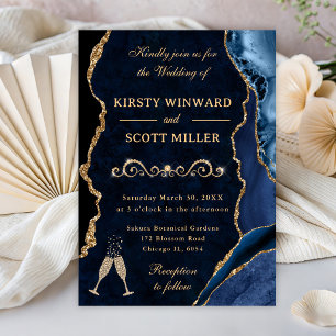 Blue and Gold Glitter Agate & Marble Wedding Invitation