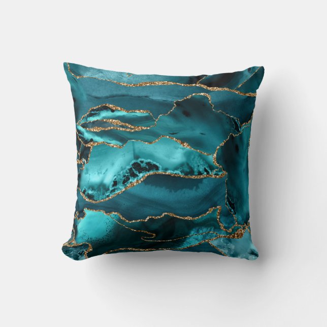 Blue and Gold Glitter Agate Throw Pillow (Front)