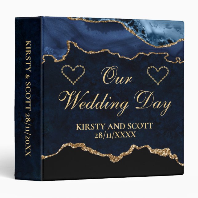 Blue and Gold Glitter Agate Wedding Photo Album Binder (Front/Spine)