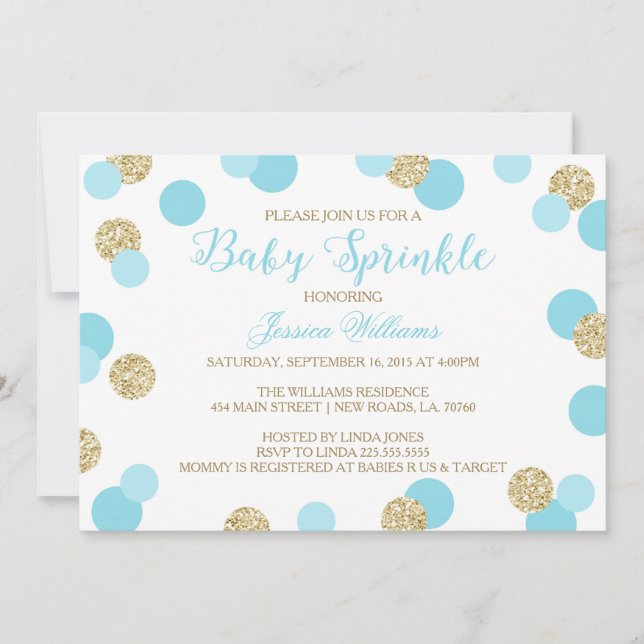 Blue and Gold Glitter Baby Sprinkle Invitations (Front)