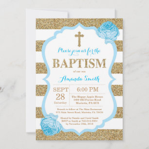 Blue and Gold Glitter Baptism Invitation