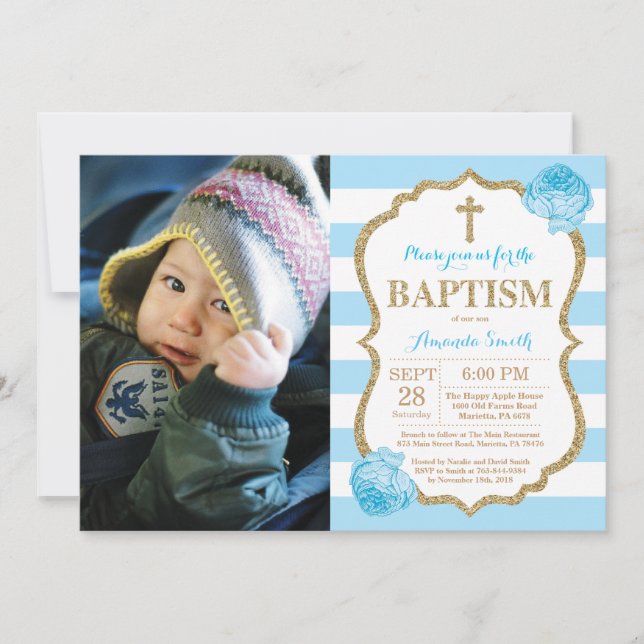 Blue and Gold Glitter Baptism Invitation (Front)