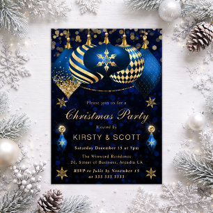 Blue and Gold Glitter Baubles Christmas Party Invitation