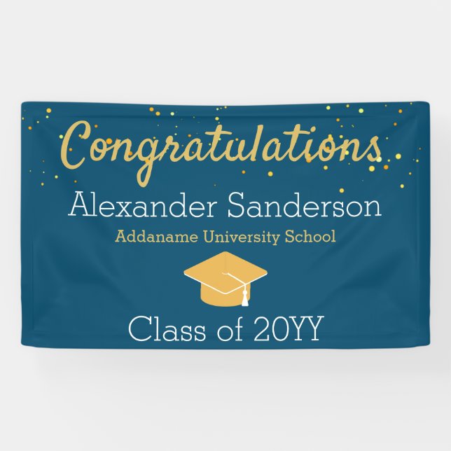 Blue and Gold Glitter Congrats Grad Graduation  Banner (Horizontal)