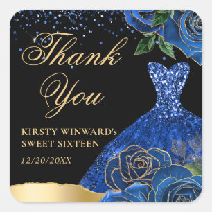 Blue and Gold Glitter Dress Glam Roses Sweet 16 Square Sticker