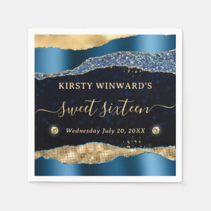 Blue and Gold Glitter Glam Tears Bokeh Sweet 16 Napkin