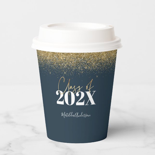 blue and gold glitter graduation class of 22  paper cups (Front)