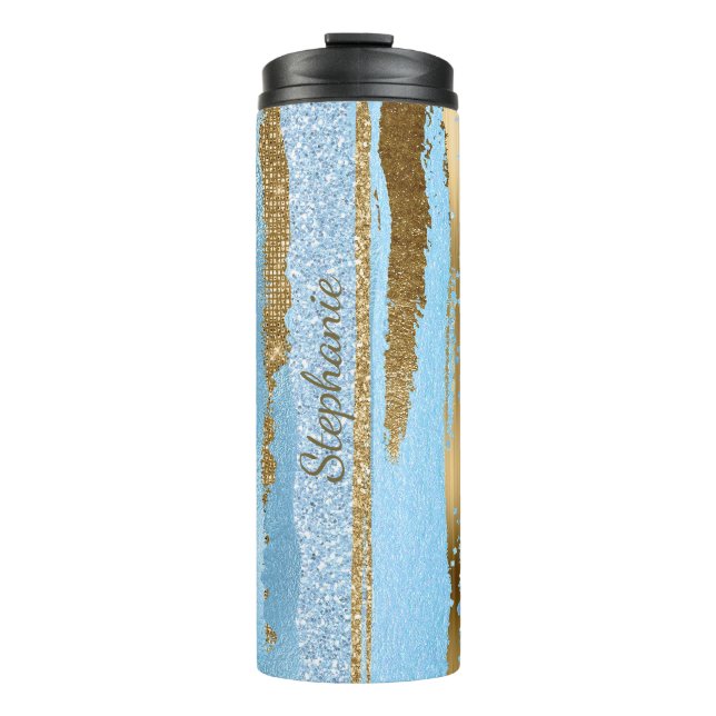 Blue and Gold Glitter Stripes Thermal Tumbler (Front)
