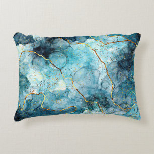 Blue and gold glittery marble accent pillow