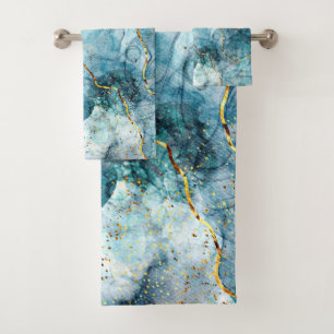 Blue and gold glittery marble  bath towel set