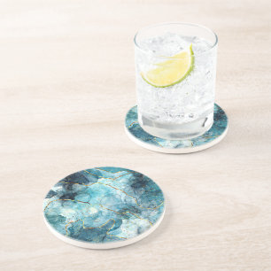 Blue and gold glittery marble coaster