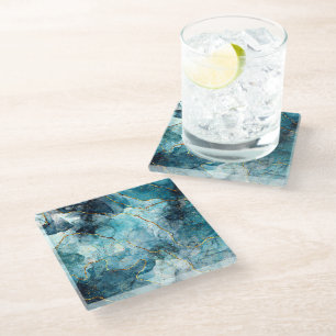 Blue and gold glittery marble  glass coaster