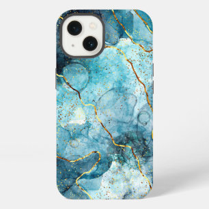Blue and gold glittery marble iPhone 13 case