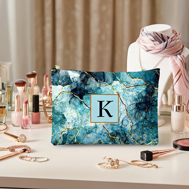 Blue and gold glittery marble  monogram accessory pouch (Creator Uploaded)
