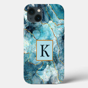 Blue and gold glittery marble monogram iPhone 13 case