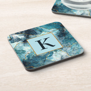 Blue and gold glittery marble monogram coaster