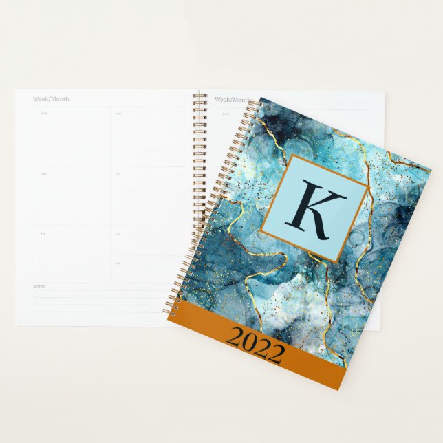 Blue and gold glittery marble monogram,custom year planner (Display)
