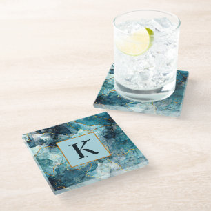 Blue and gold glittery marble monogram glass coaster