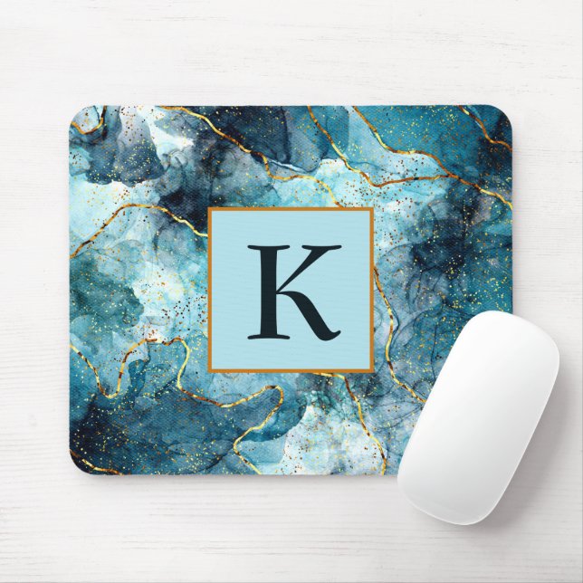Blue and gold glittery marble monogram mouse pad (With Mouse)