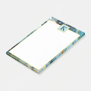 Blue and gold glittery marble monogram post-it notes