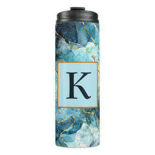 Blue and gold glittery marble  monogram thermal tumbler