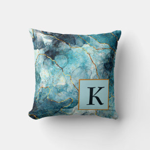 Blue and gold glittery marble monogram throw pill pillow