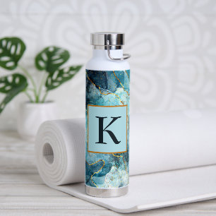 Blue and gold glittery marble monogram water bottle
