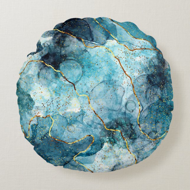 Blue and gold glittery marble  round pillow (Front)
