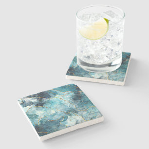 Blue and gold glittery marble stone coaster