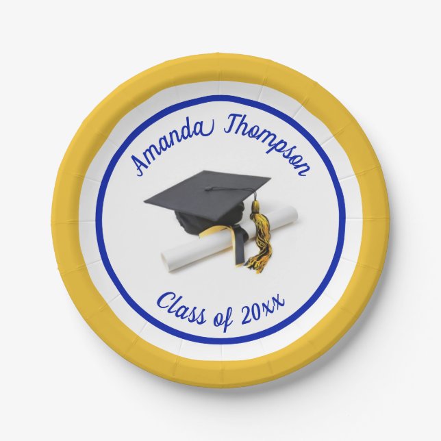 Blue and Gold Graduation Cap and Tassel | Custom Paper Plate (Front)