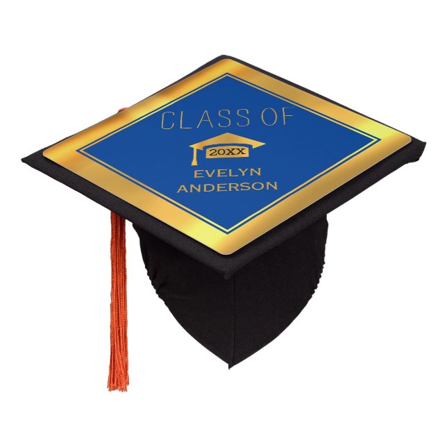 Blue and gold graduation Class of 2024 Graduation Cap Topper (Angled)