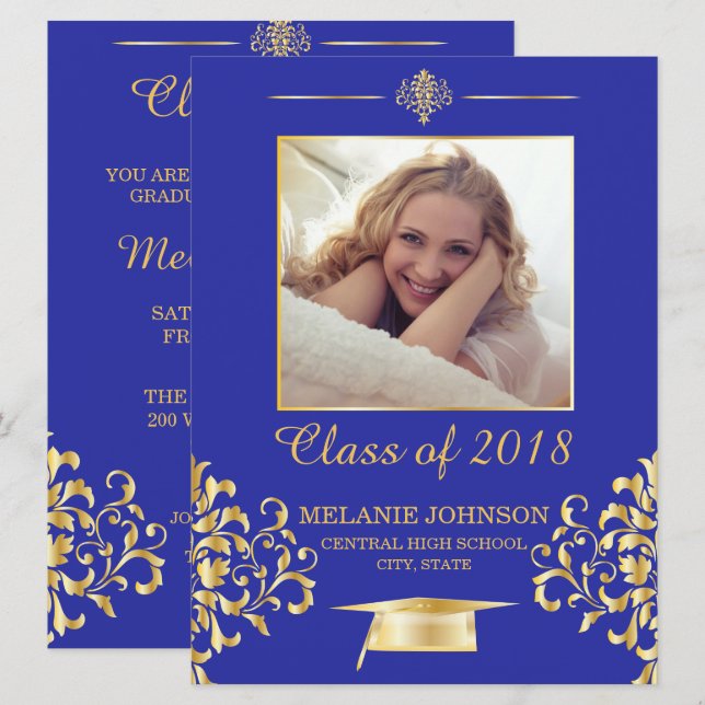 Blue and Gold Graduation Invitation (Front/Back)
