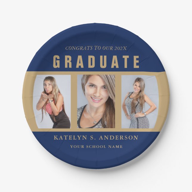 Blue and Gold Graduation Photo Collage Custom Paper Plate (Front)