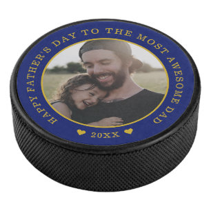 Blue And Gold Happy Father's Day Photo   Hockey Puck